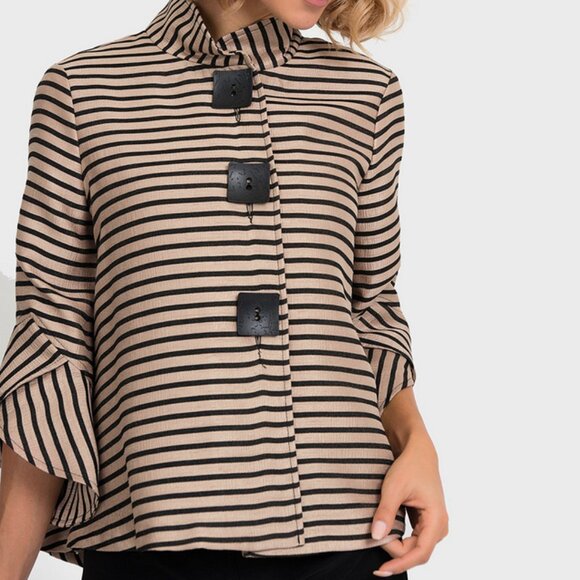 Joseph Ribkoff Swing Jacket Size 4 Black Sand Square Buttons 191917H Stripes - Picture 1 of 11